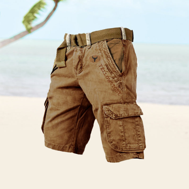 Men's Cargo Shorts Washed Cotton Belted Multi Pocket Relaxed Fit