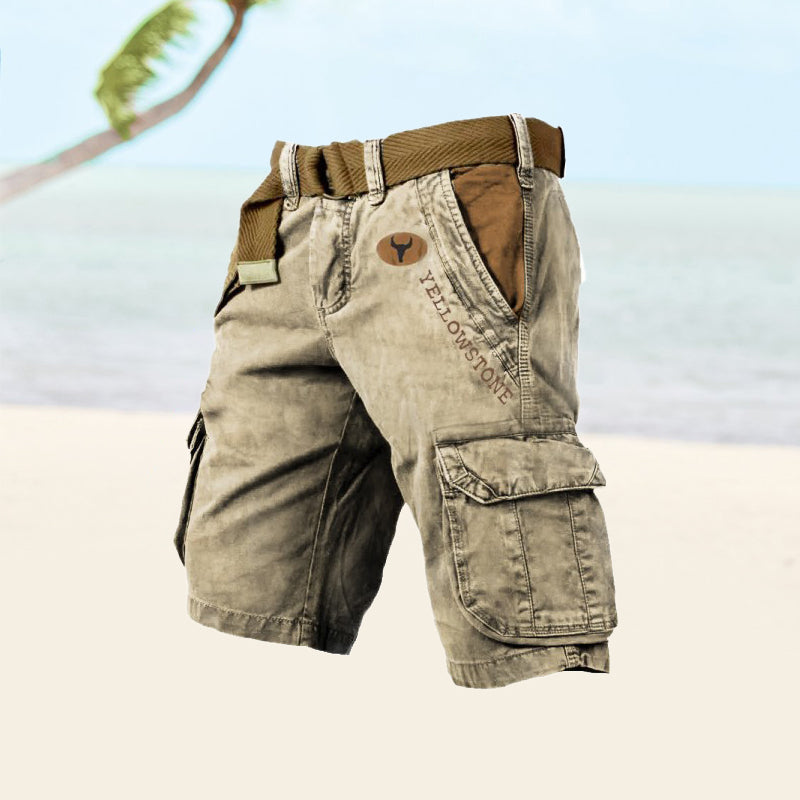 Men's Cargo Shorts Washed Cotton Belted Multi Pocket Relaxed Fit