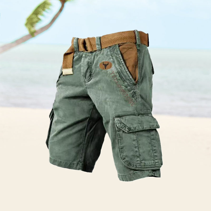 Men's Cargo Shorts Washed Cotton Belted Multi Pocket Relaxed Fit