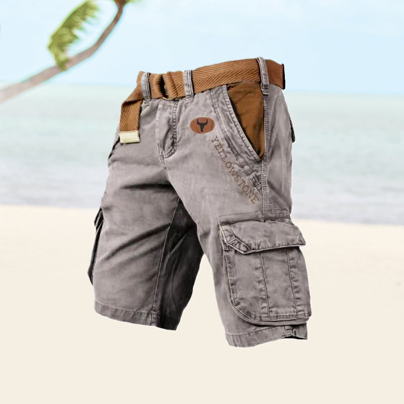 Men's Cargo Shorts Washed Cotton Belted Multi Pocket Relaxed Fit