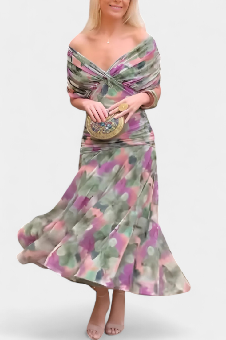 Women's Maxi Dress Chiffon Fabric Off Shoulder Pleated Waist
