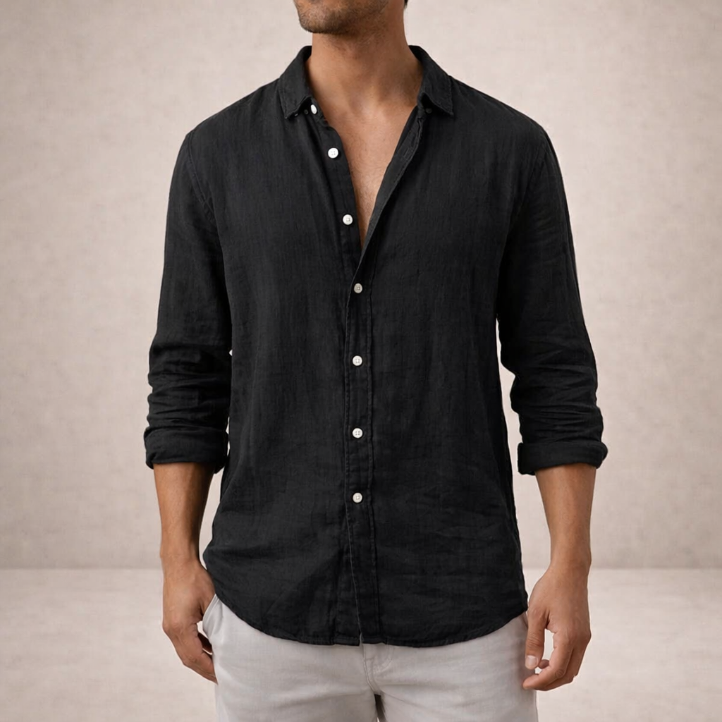 Casual Linen Shirt Men Linen Long Sleeve Open Collar Button Up Straight Fit