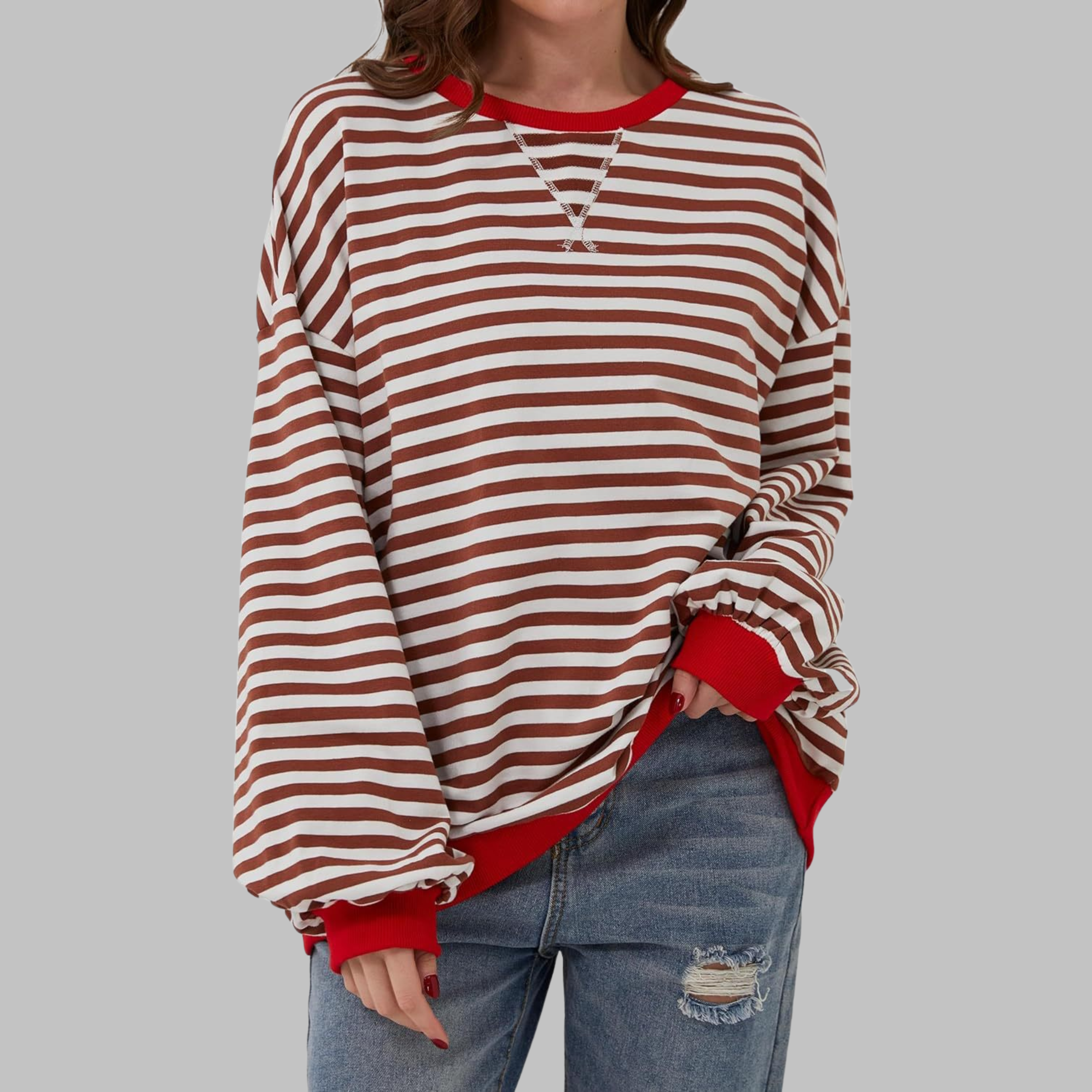 Long Sleeve Striped Shirt Women Round Neck Relaxed Fit