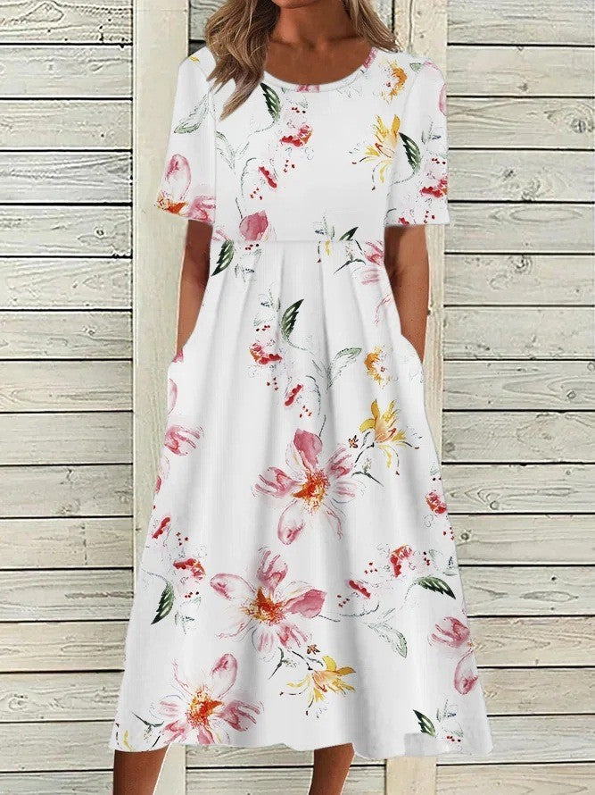 Women's Floral Print Midi Dress Woven Fabric Round Neck