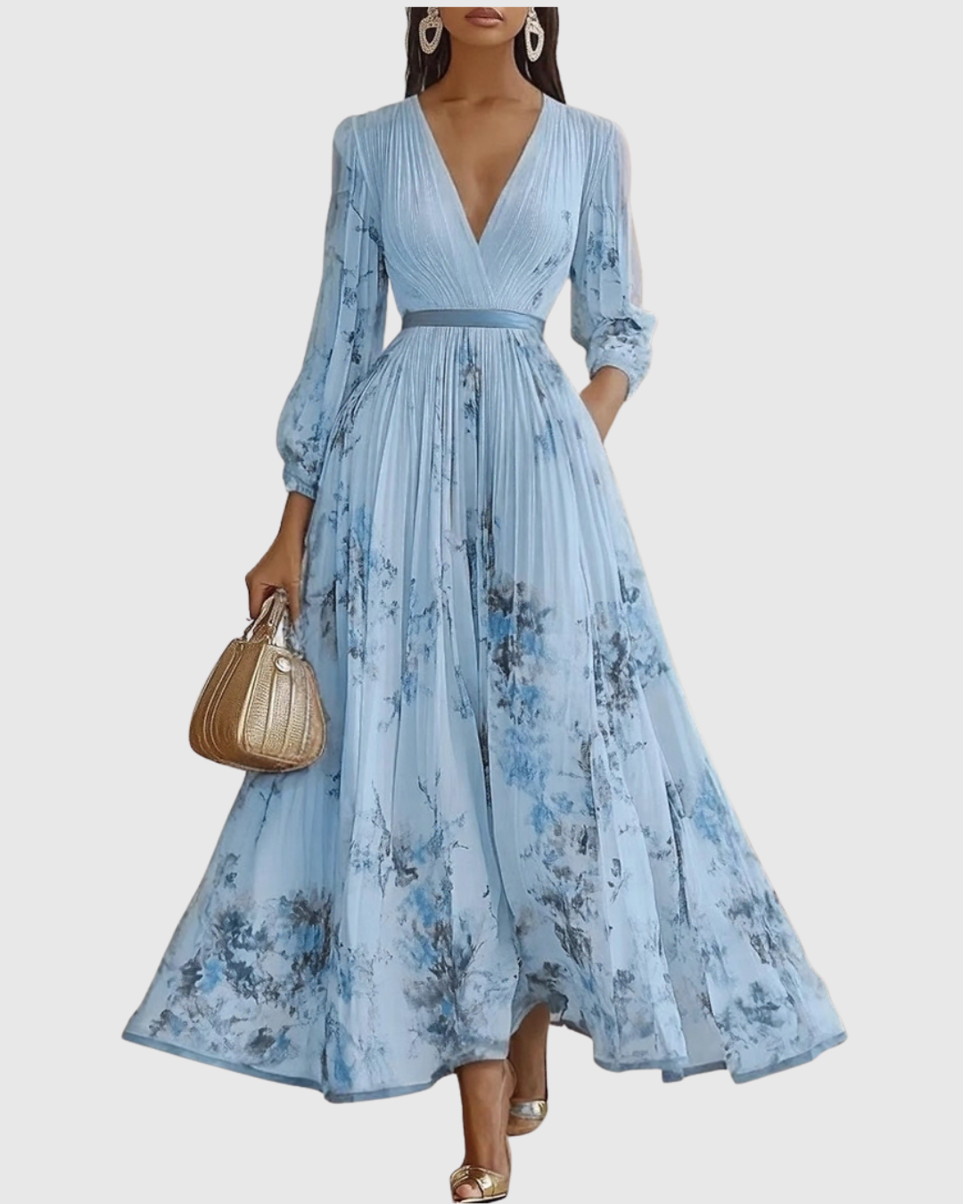 Women's Maxi Dress Cotton Pleated V Neck Floral Print