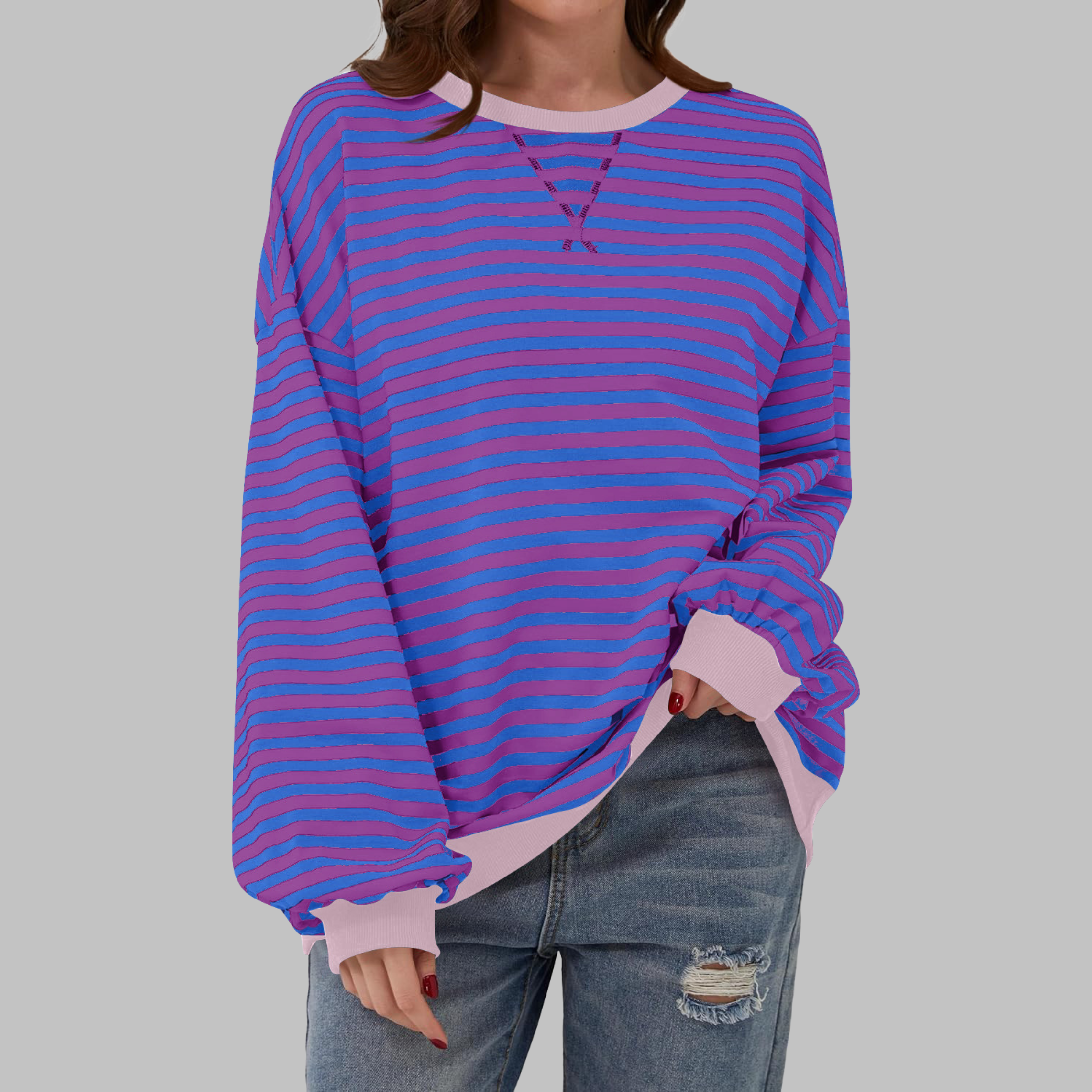 Long Sleeve Striped Shirt Women Round Neck Relaxed Fit
