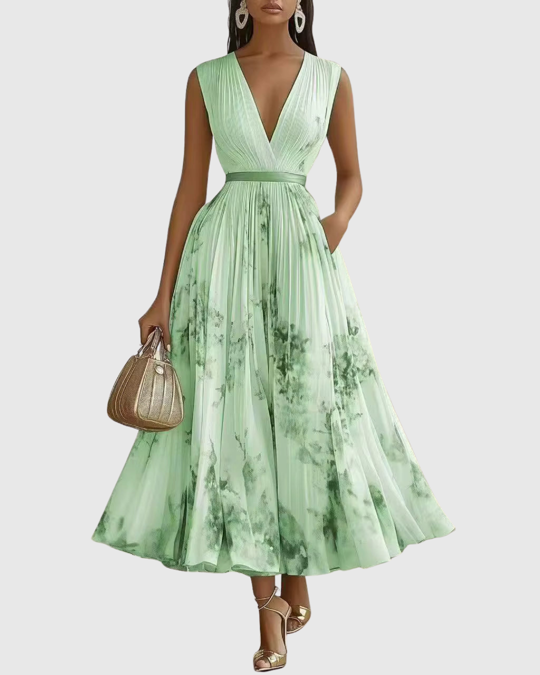 Women's Maxi Dress Cotton Pleated V Neck Floral Print