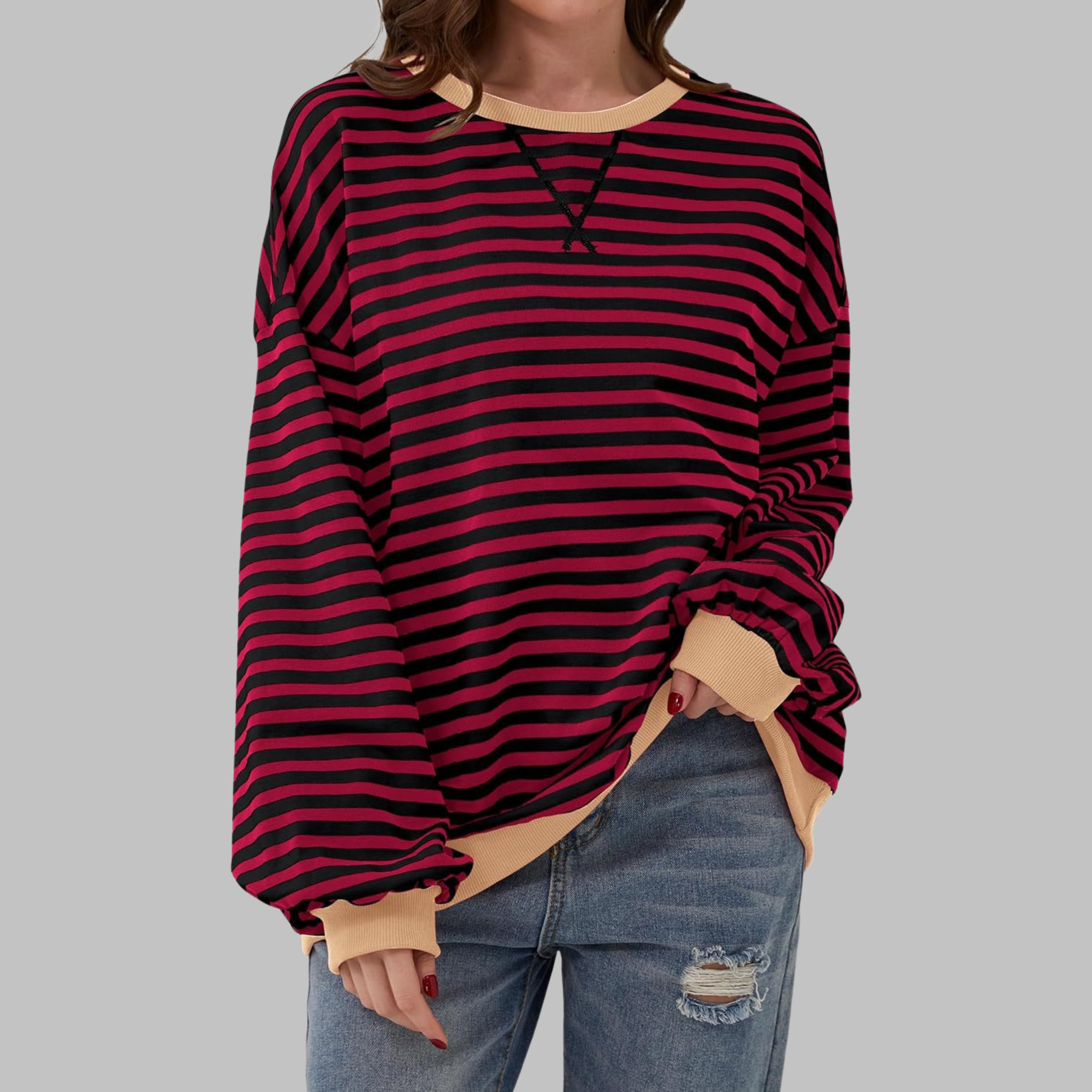 Long Sleeve Striped Shirt Women Round Neck Relaxed Fit