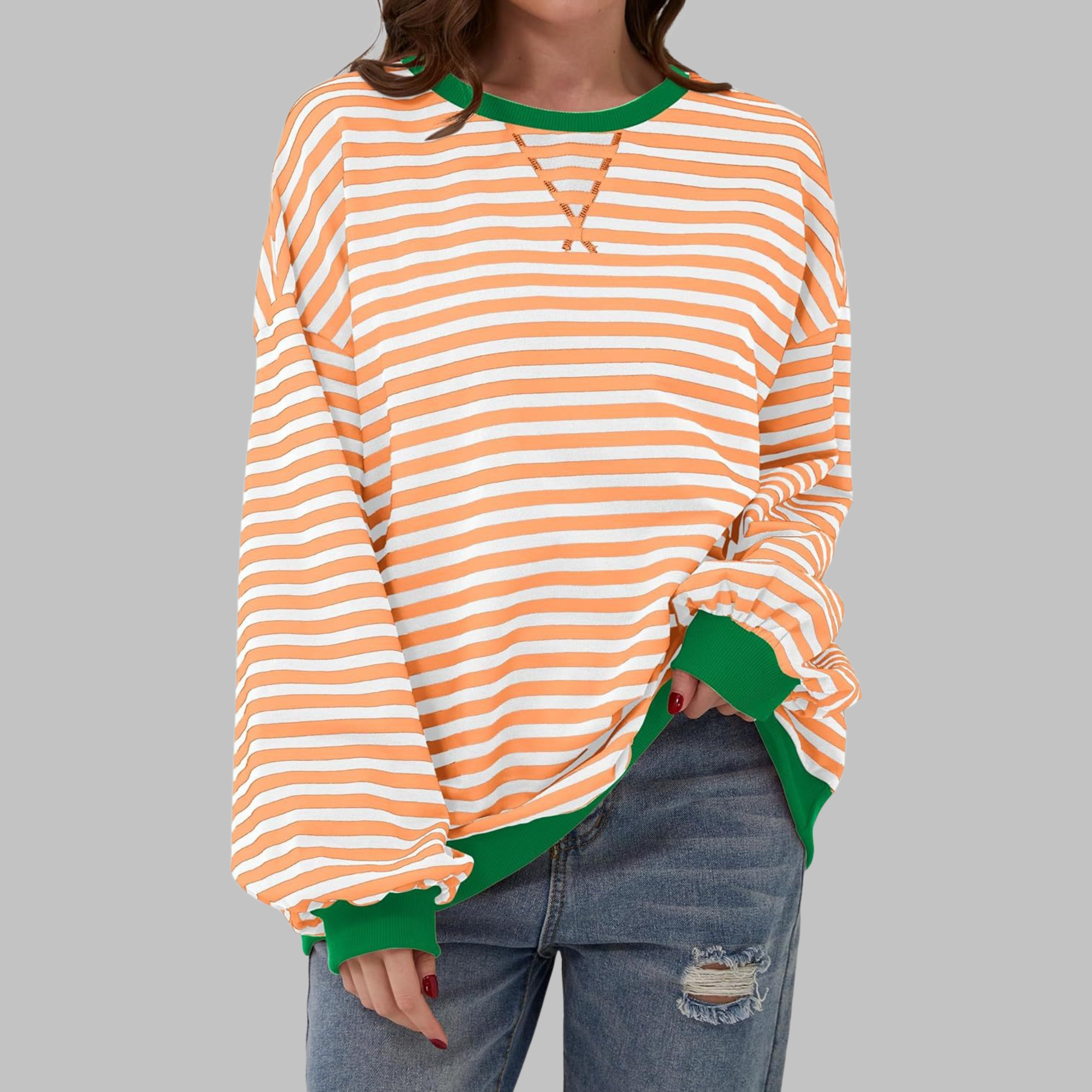 Long Sleeve Striped Shirt Women Round Neck Relaxed Fit