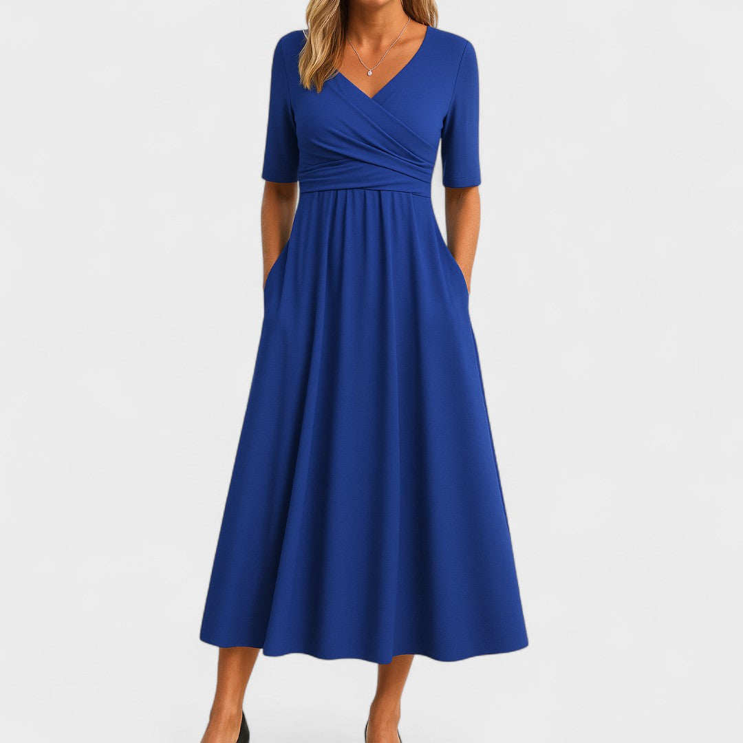 Women's Midi Dress Stretch Fabric Wrap Front Pleated Waist