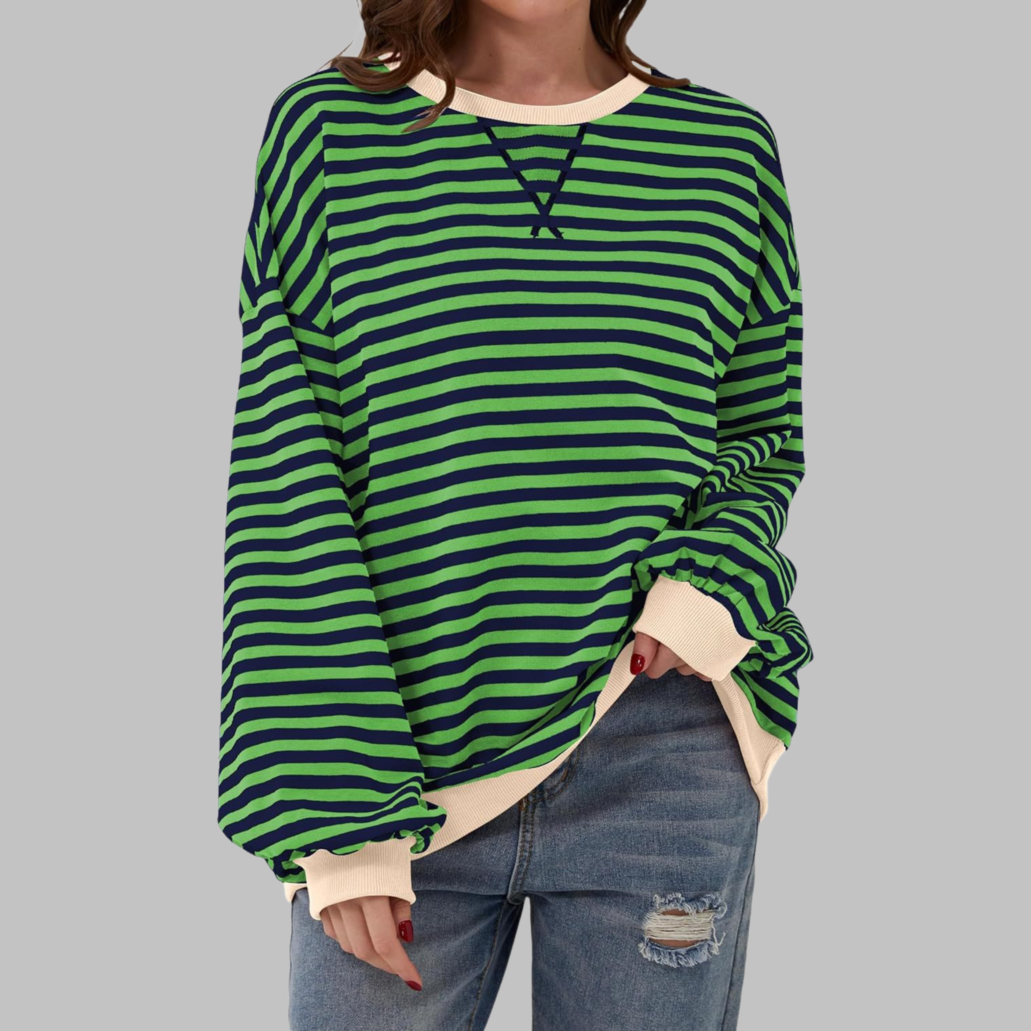 Long Sleeve Striped Shirt Women Round Neck Relaxed Fit