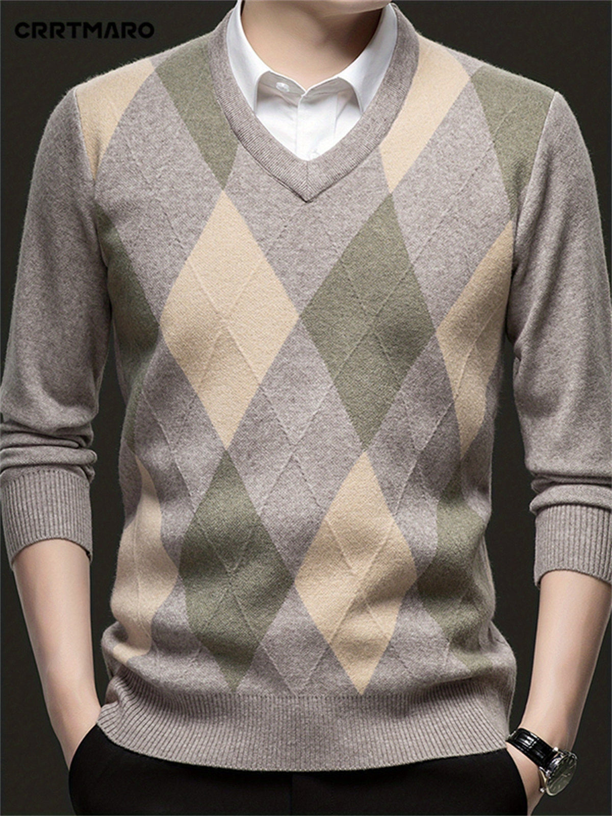 Elias | Men's Classic V-Neck Argyle Pattern Jumper - image 4