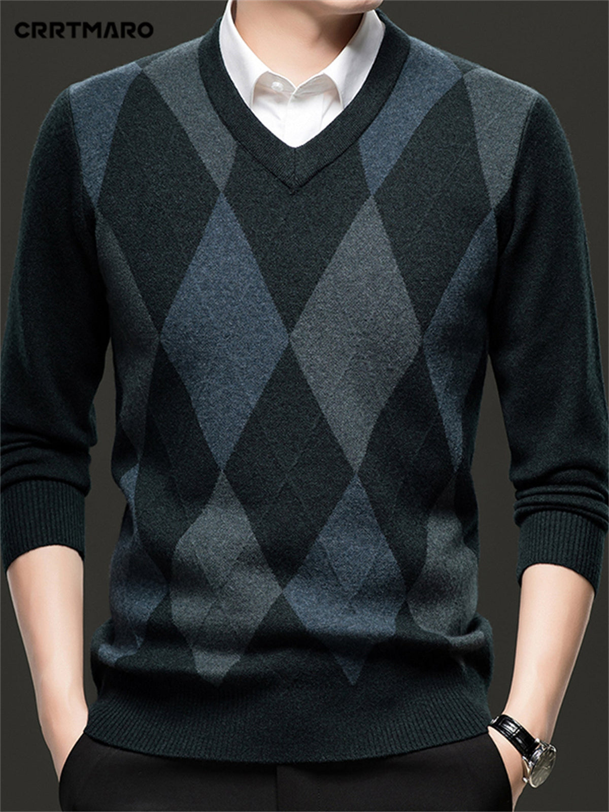 Elias | Men's Classic V-Neck Argyle Pattern Jumper - image 15