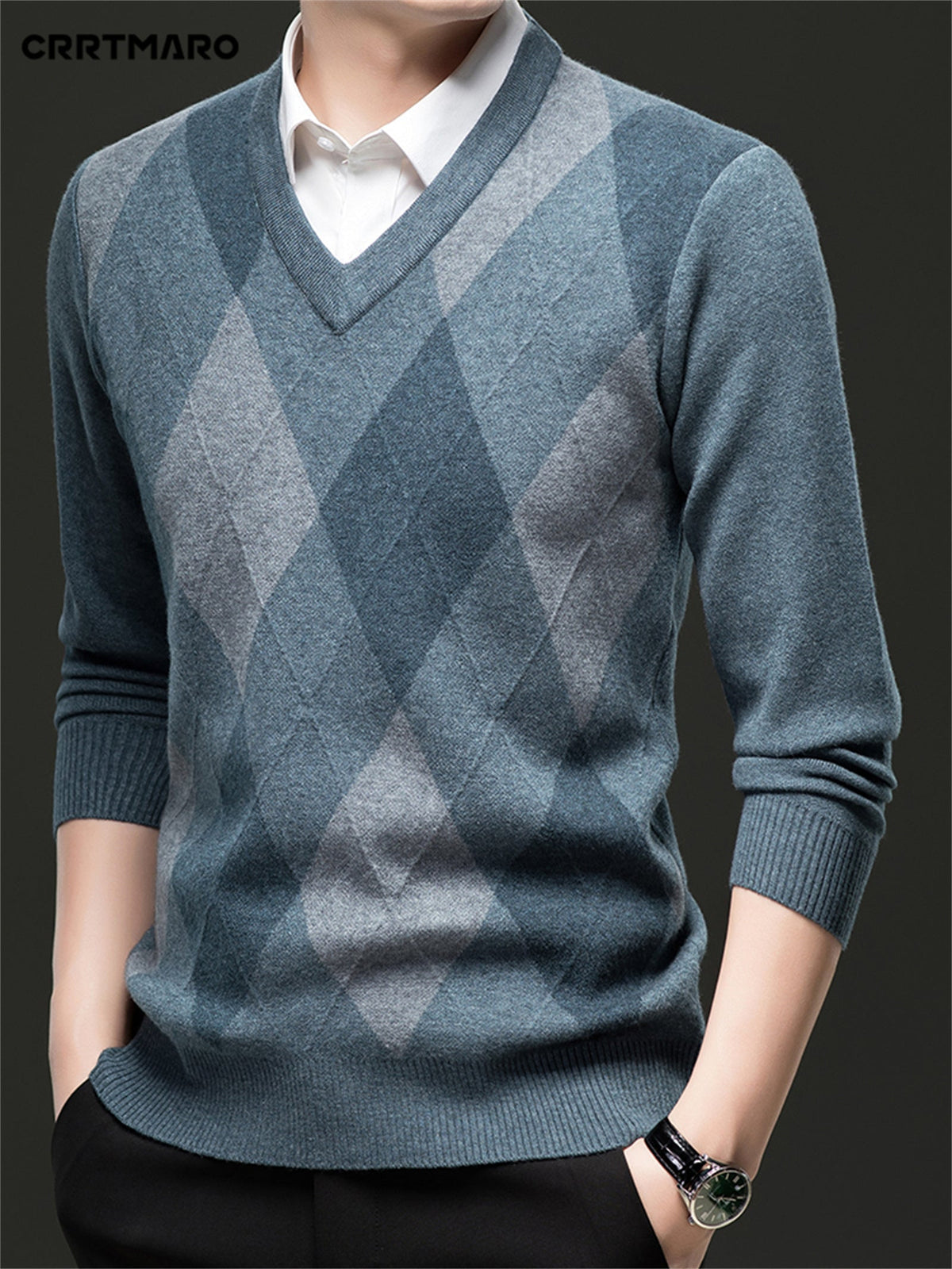 Elias | Men's Classic V-Neck Argyle Pattern Jumper - image 10