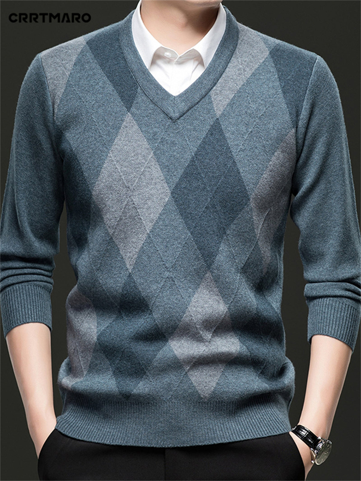 Elias | Men's Classic V-Neck Argyle Pattern Jumper - image 9