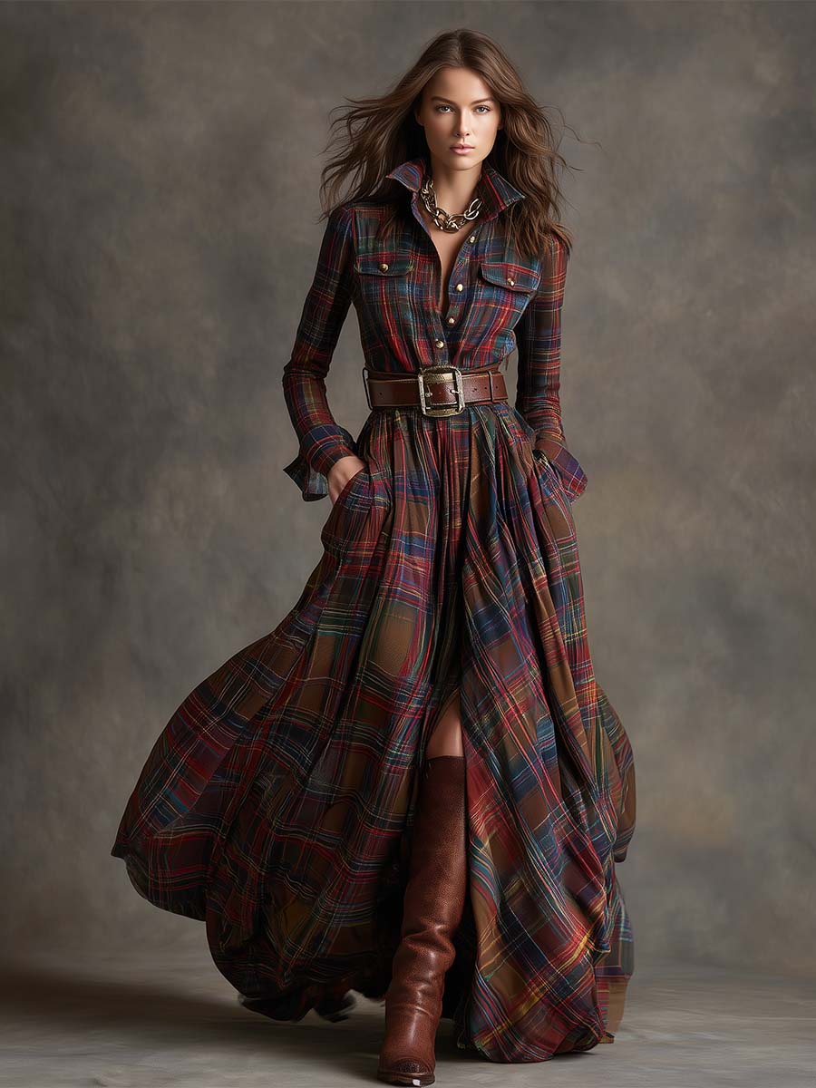 Women’s Belted Check Shirt Dress with Long Sleeves and Flared Skirt