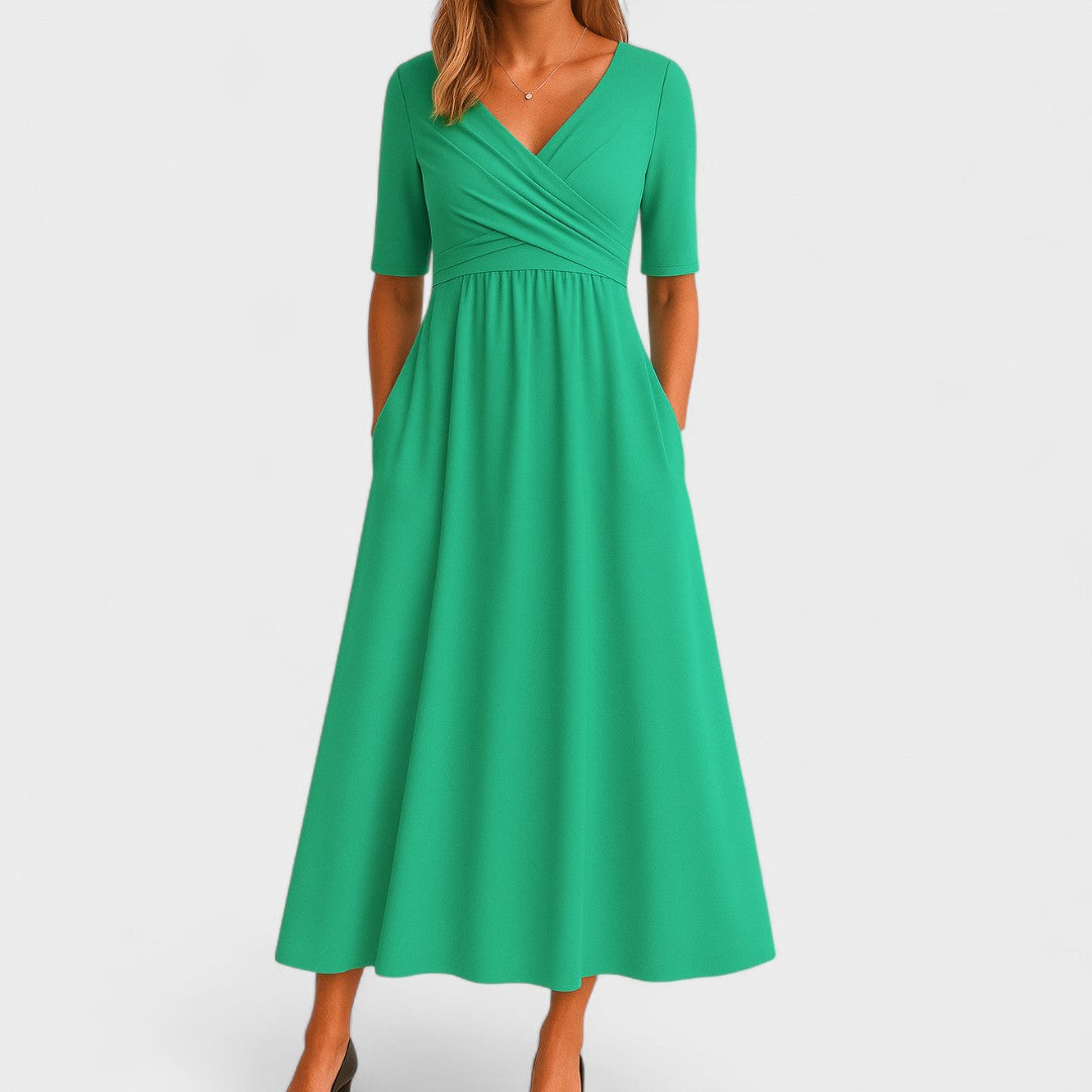 Women's Midi Dress Stretch Fabric Wrap Front Pleated Waist