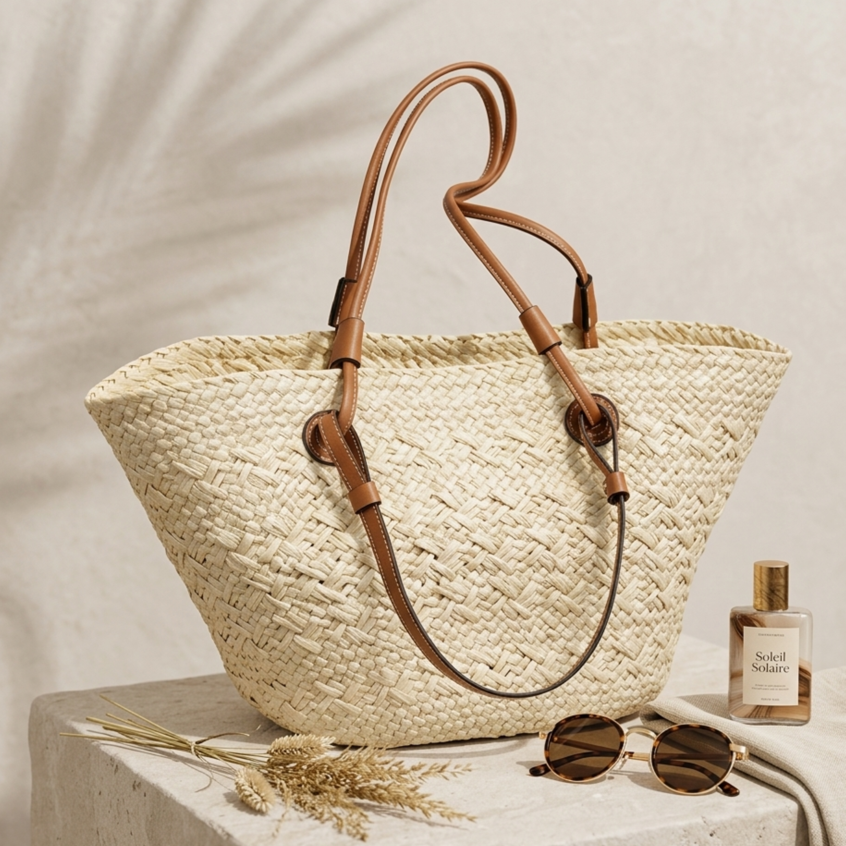 Women’s Rattan Tote Bag with Woven Basket Shape and Dual-Length Handles