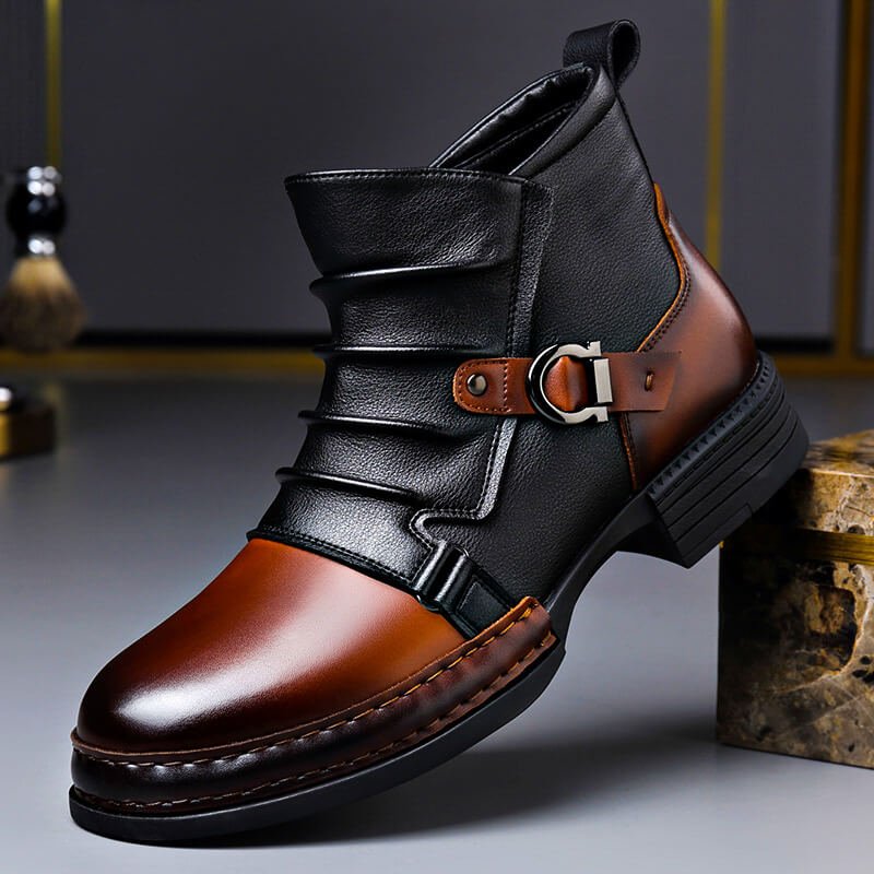 Colby | Men's Double Buckle Ankle Boots with Block Heel and Two-Tone Panelling