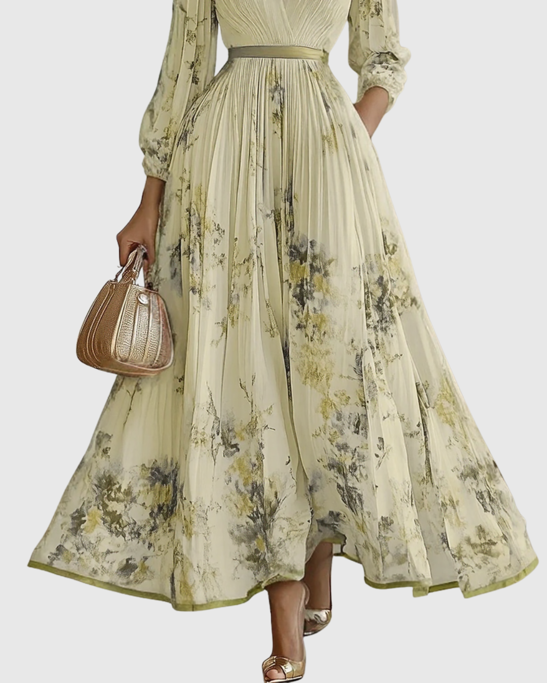 Women's Maxi Dress Cotton Pleated V Neck Floral Print
