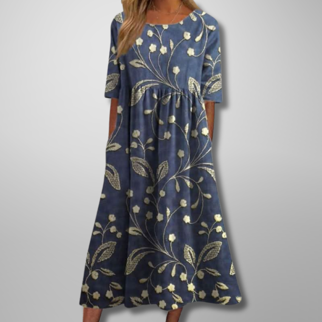 Midi Dress Women Cotton Floral Print Short Sleeve