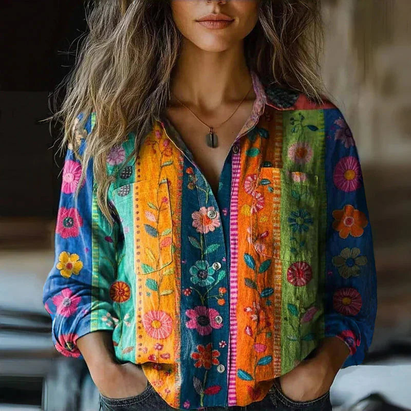 Women's Blouse Cotton Button Front Flare Sleeve