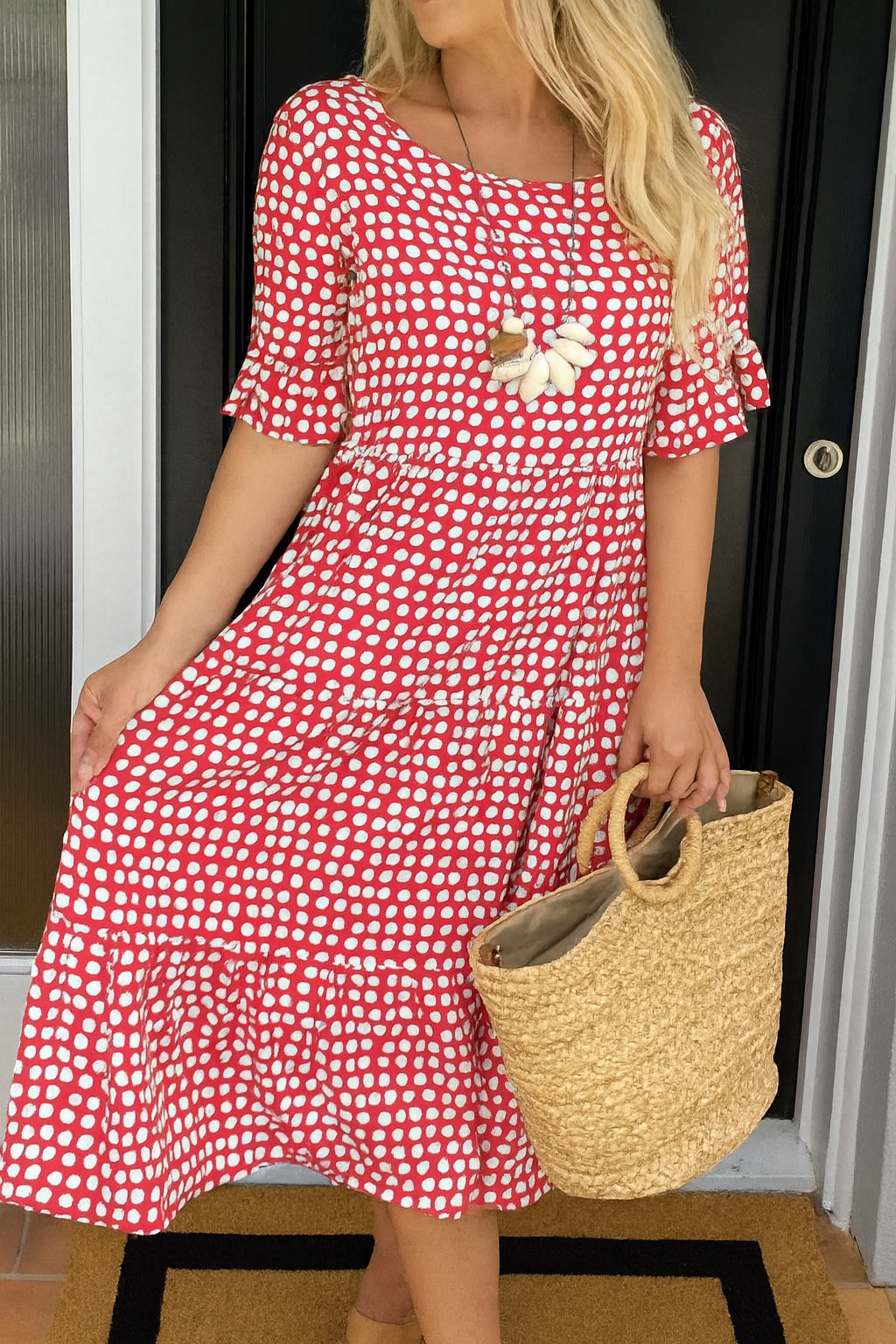 Short Sleeve Midi Dress Women Soft Breathable Blend Round Neck Relaxed Flow