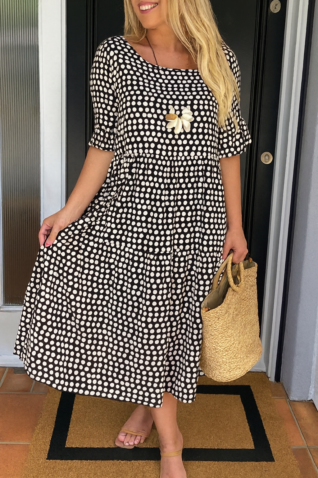 Short Sleeve Midi Dress Women Soft Breathable Blend Round Neck Relaxed Flow
