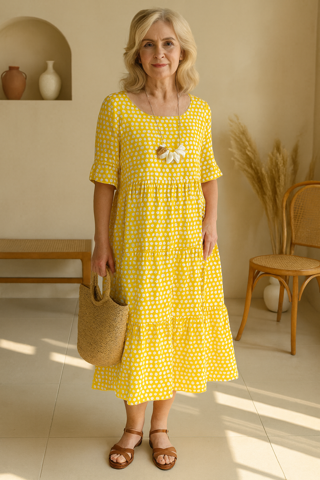 Short Sleeve Midi Dress Women Soft Breathable Blend Round Neck Relaxed Flow