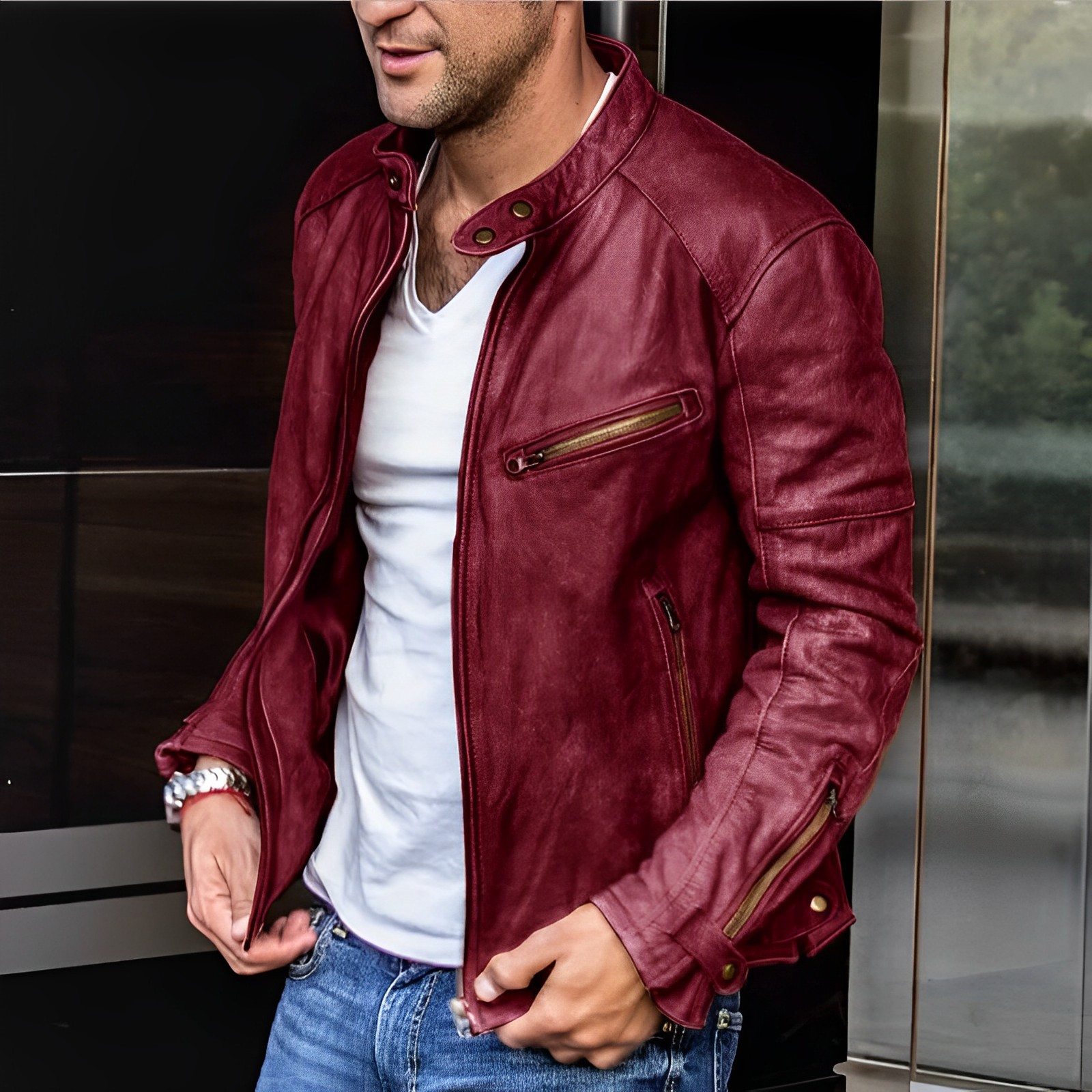 Men's Leather Jacket Zip Front Notch Collar