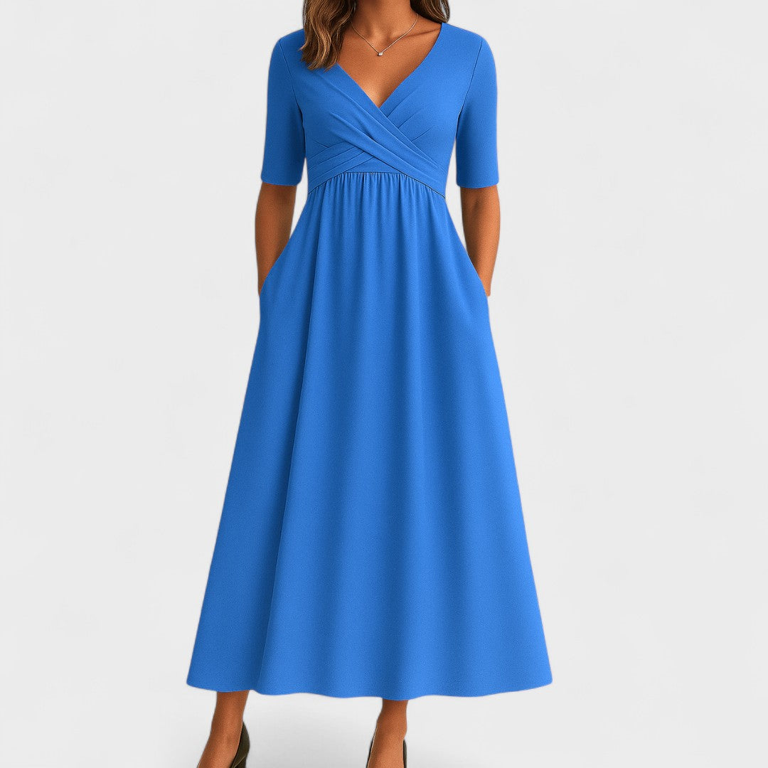 Women's Midi Dress Stretch Fabric Wrap Front Pleated Waist