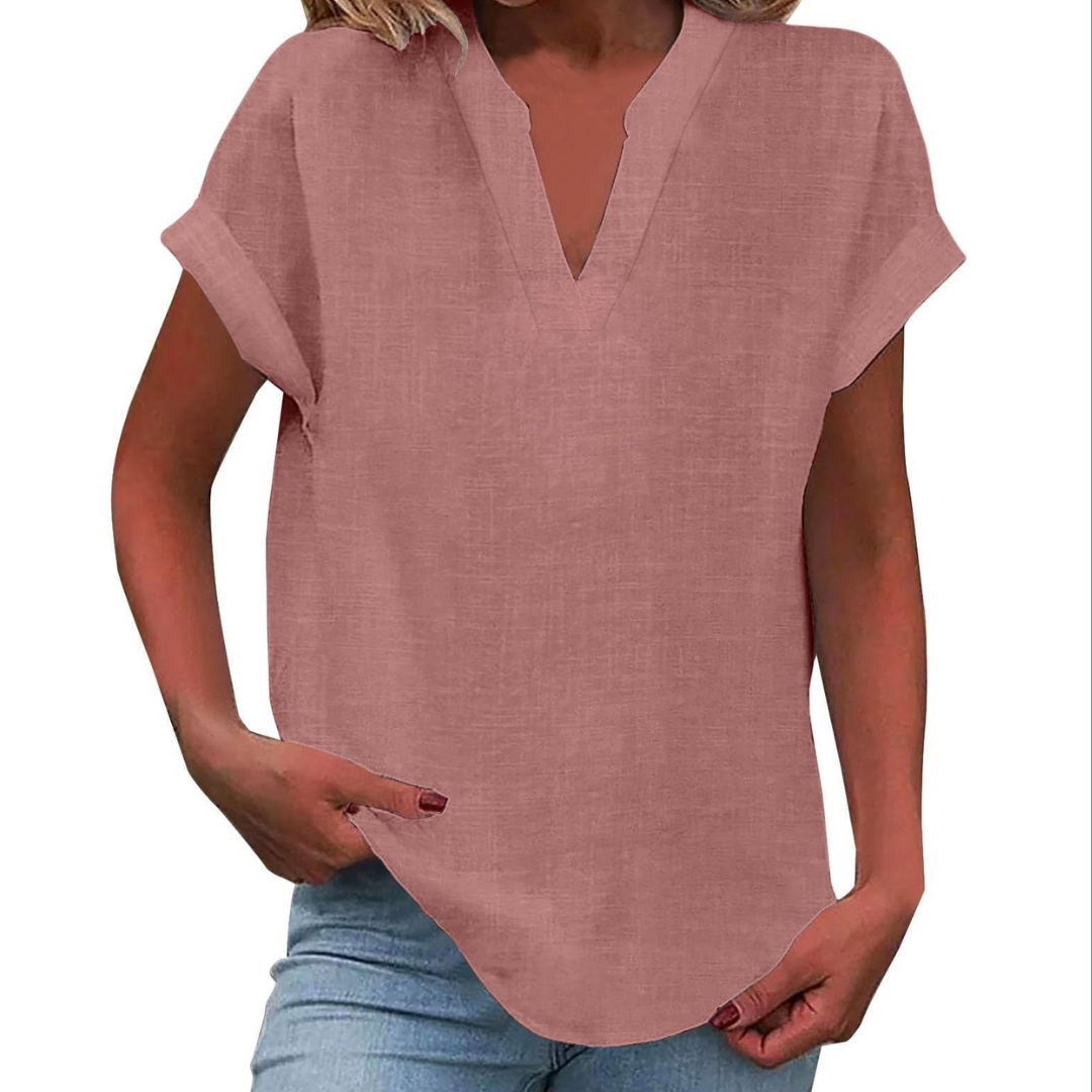 Women's V Neck Blouse Woven Fabric Short Sleeve Curved Hem