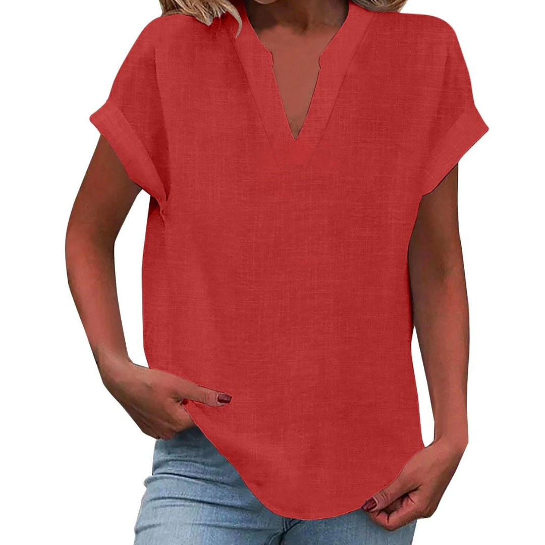 Women's V Neck Blouse Woven Fabric Short Sleeve Curved Hem