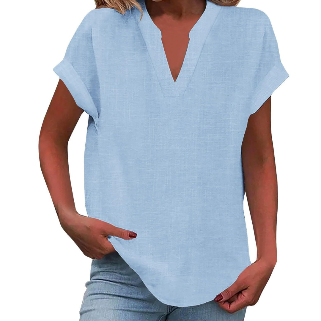 Women's V Neck Blouse Woven Fabric Short Sleeve Curved Hem