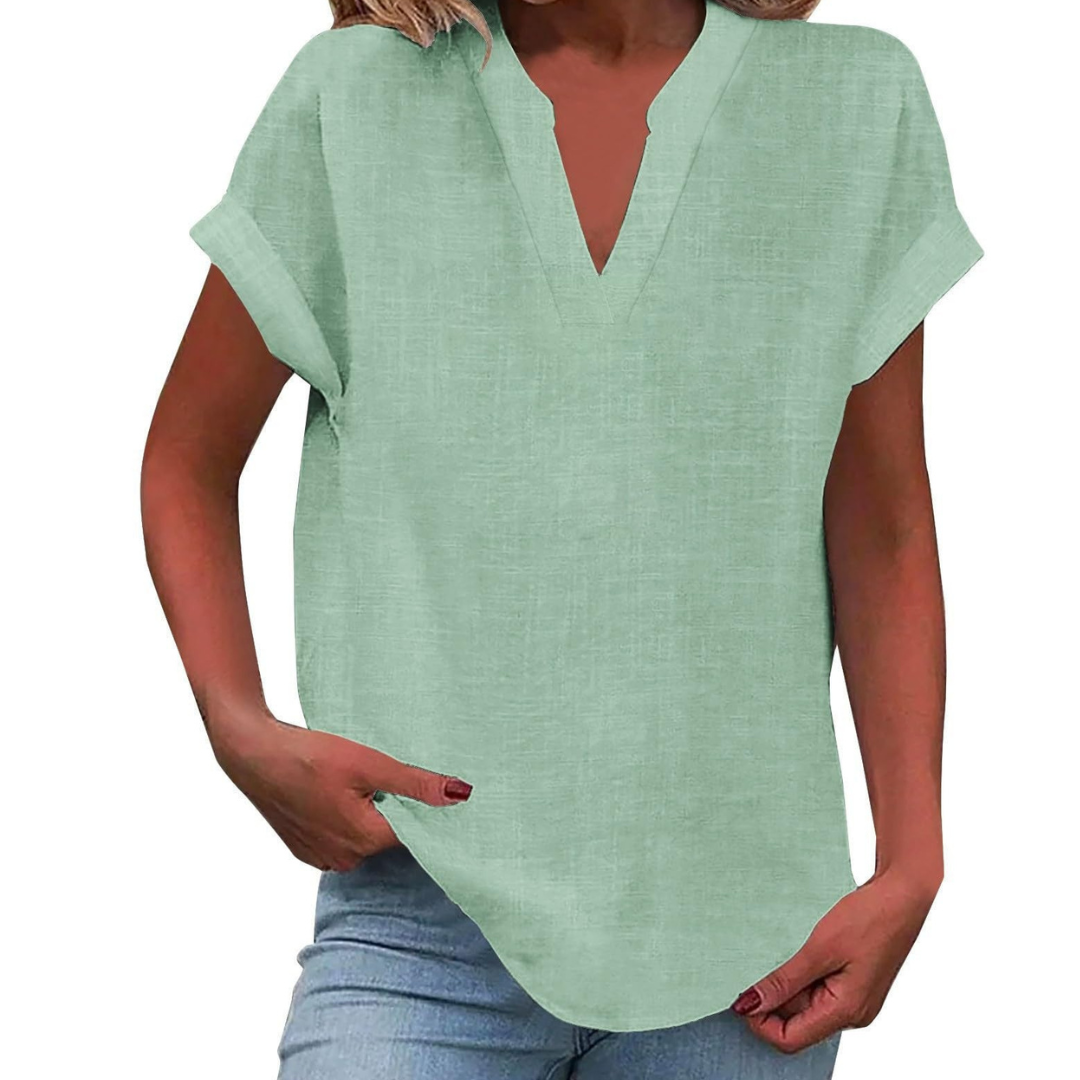 Women's V Neck Blouse Woven Fabric Short Sleeve Curved Hem