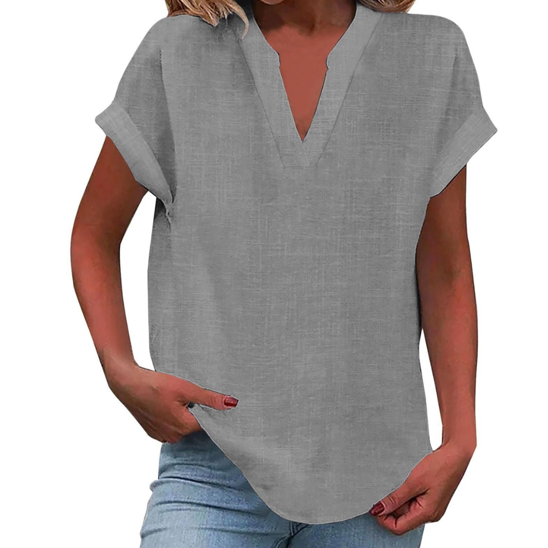 Women's V Neck Blouse Woven Fabric Short Sleeve Curved Hem