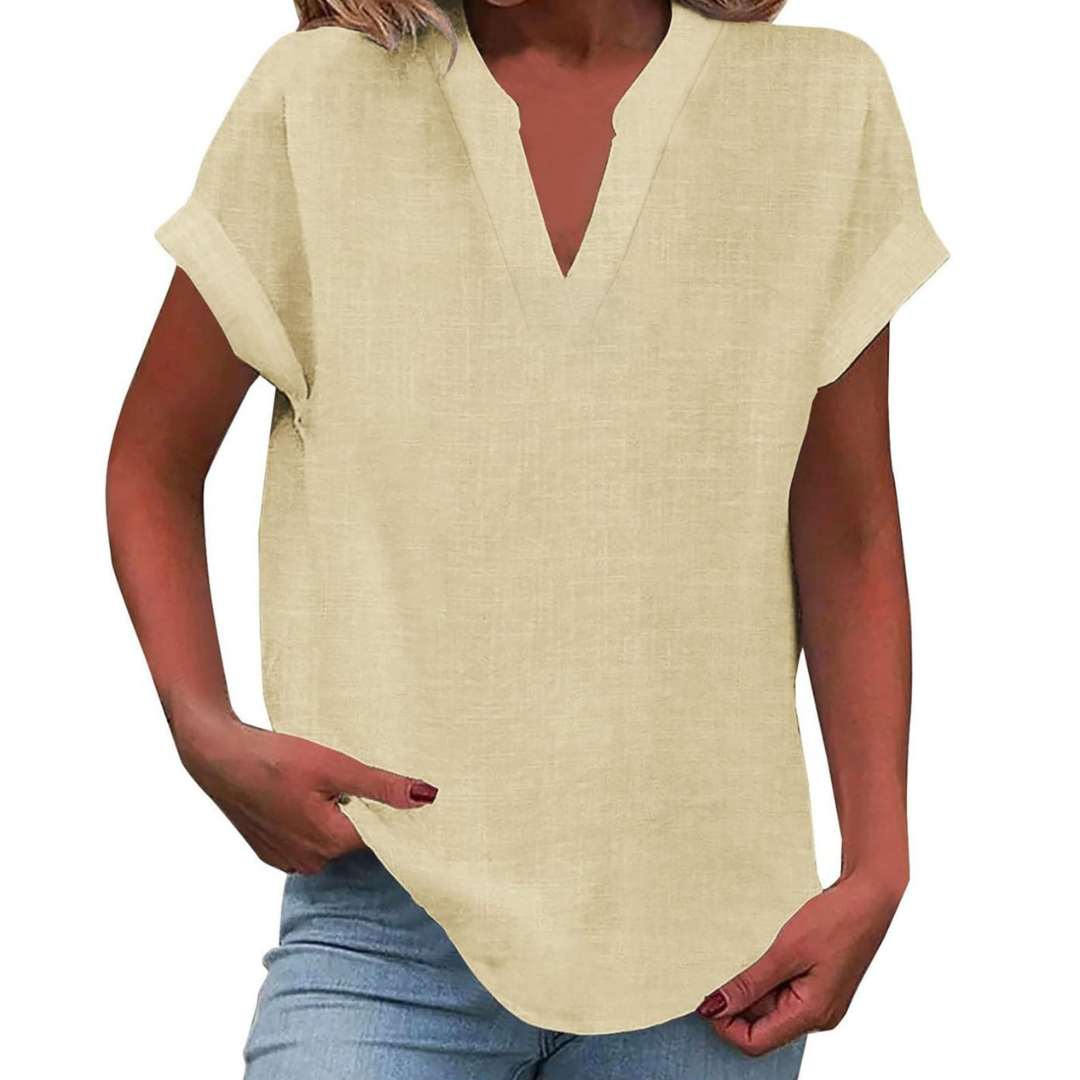 Women's V Neck Blouse Woven Fabric Short Sleeve Curved Hem