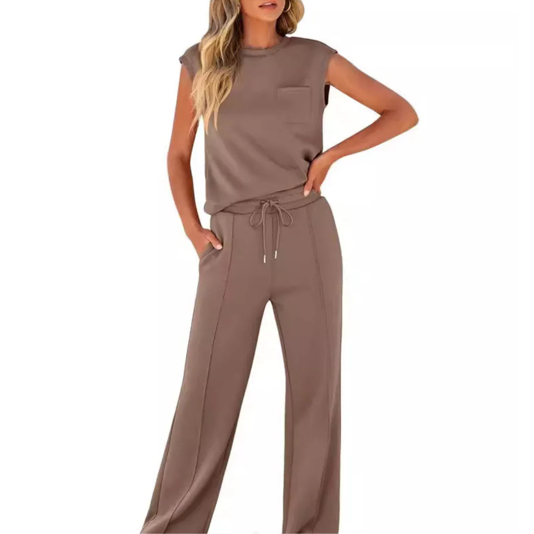 Sleeveless Crop Top Wide Leg Pants Co Ord Set Women Ribbed Fabric Drawstring Waist