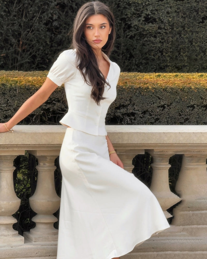 Pearl / Satin Co-Ord Set with Blouse & A-Line Midi Skirt