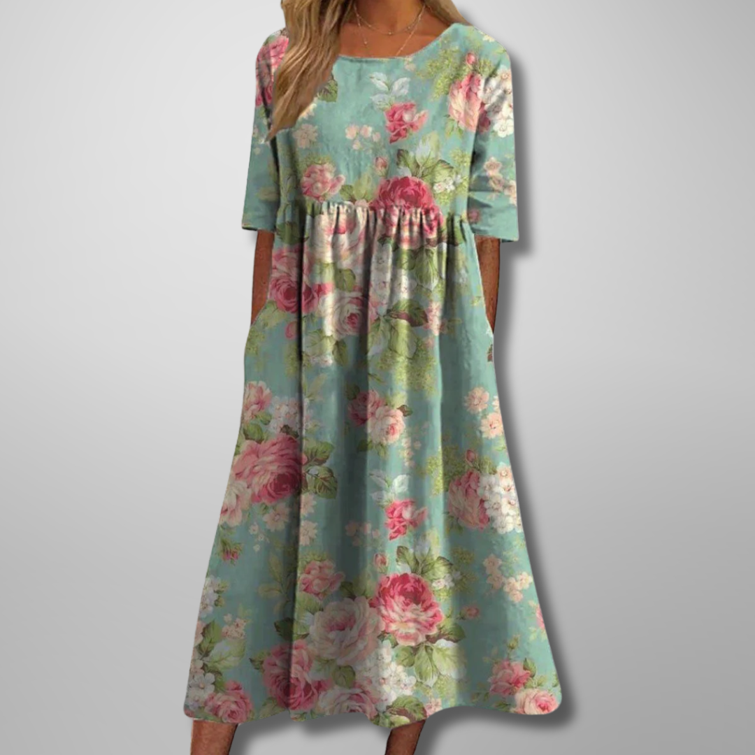 Midi Dress Women Cotton Floral Print Short Sleeve