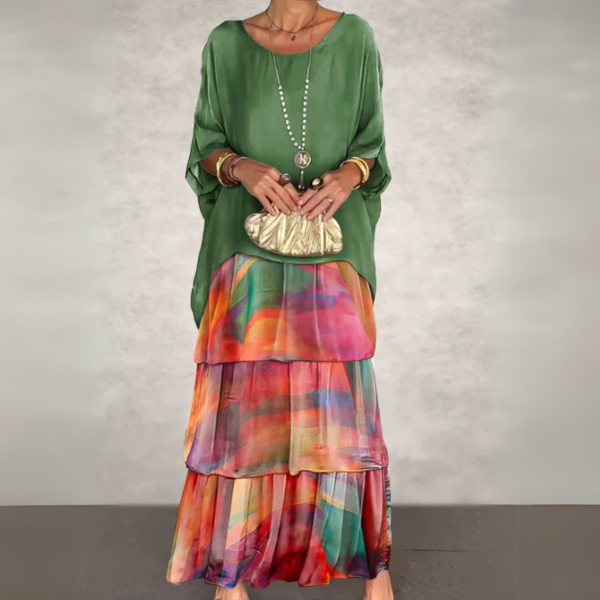 Women's Maxi Dress Woven Fabric Tiered Skirt Long Sleeve