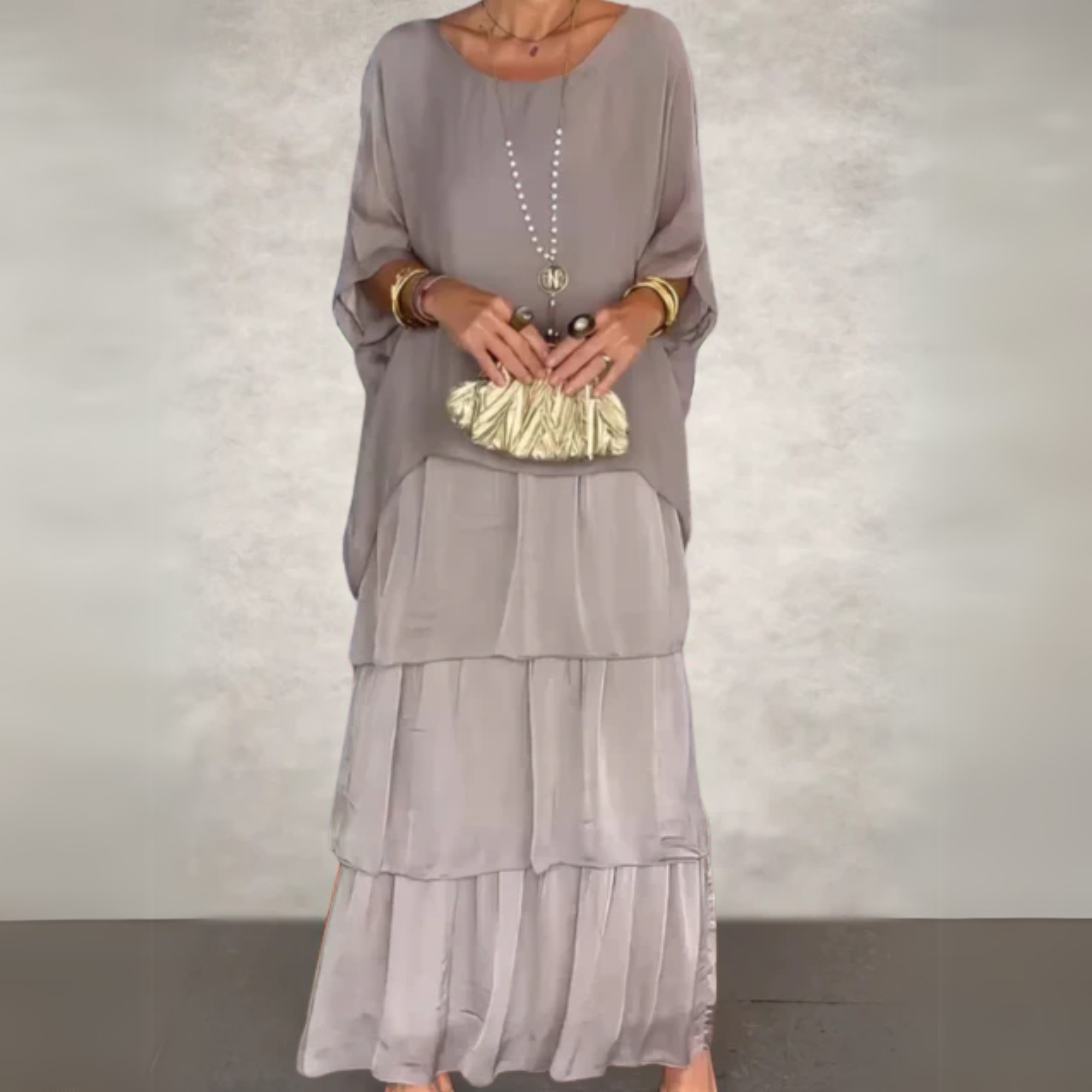 Women's Maxi Dress Woven Fabric Tiered Skirt Long Sleeve