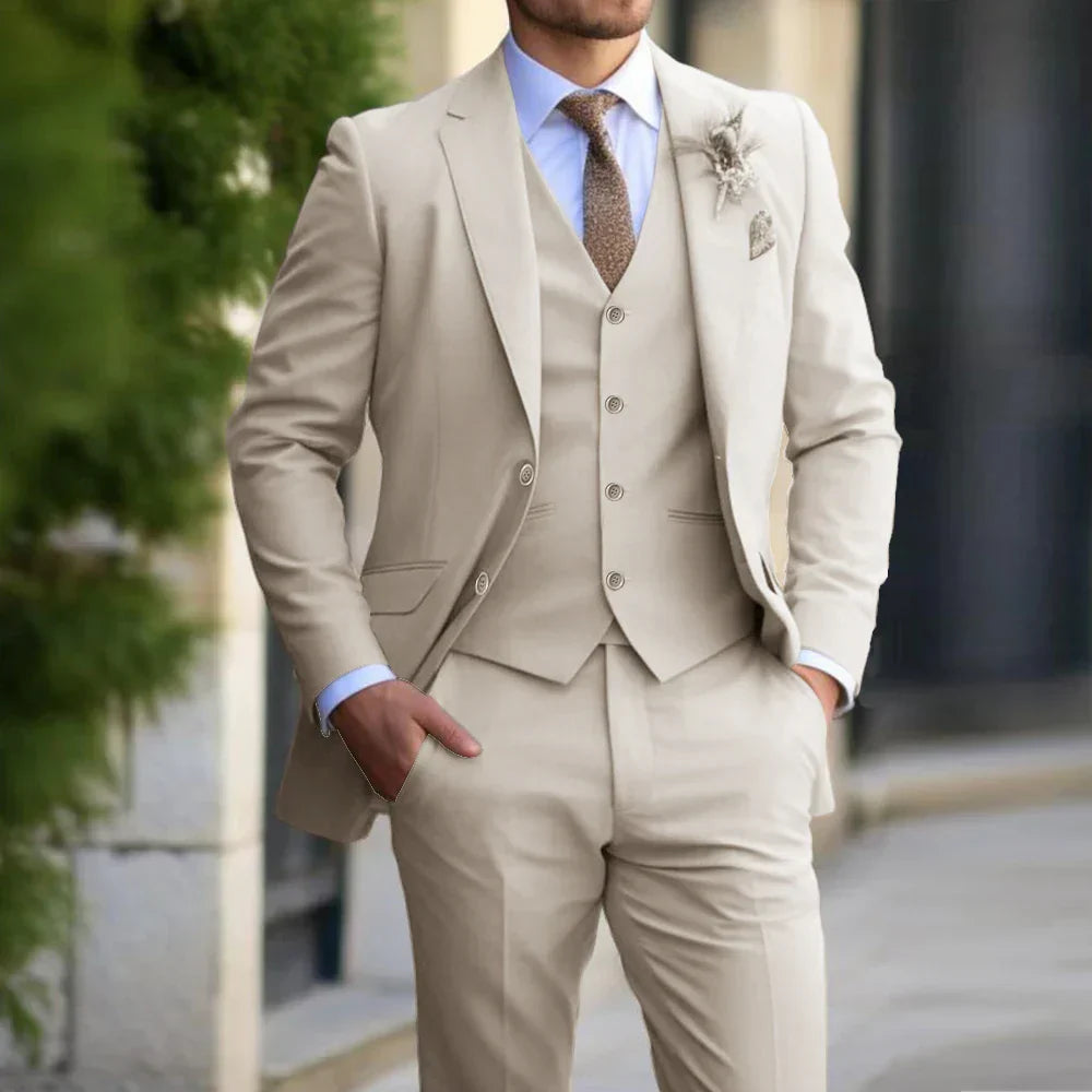 Men's Three Piece Suit Woven Fabric Notch Lapel Tailored Fit Wedding
