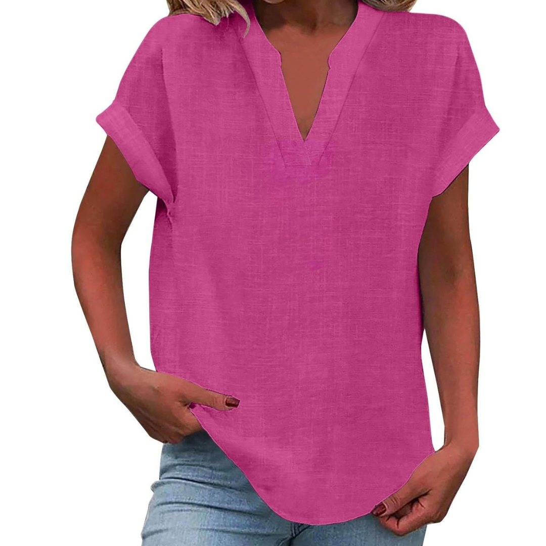Women's V Neck Blouse Woven Fabric Short Sleeve Curved Hem