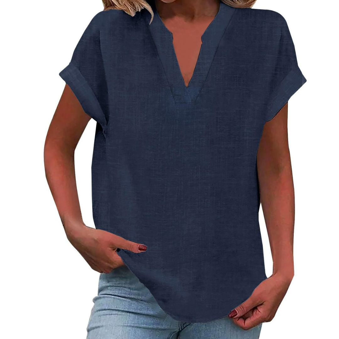 Women's V Neck Blouse Woven Fabric Short Sleeve Curved Hem