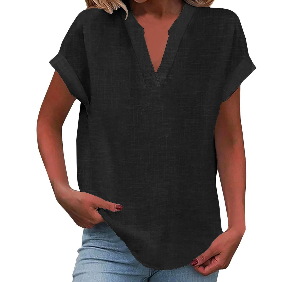 Women's V Neck Blouse Woven Fabric Short Sleeve Curved Hem