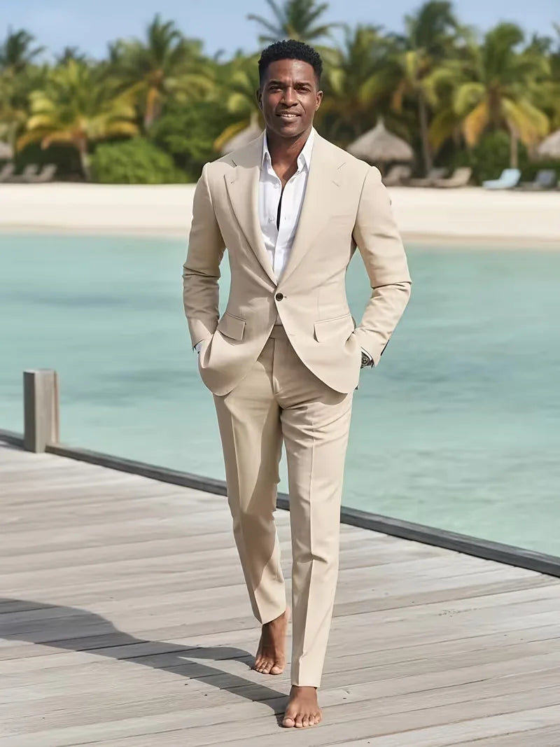 Men's Two Piece Suit Woven Fabric Notch Lapel Slim Fit Smart Casual