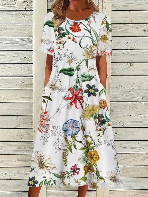 Women's Floral Print Midi Dress Woven Fabric Round Neck