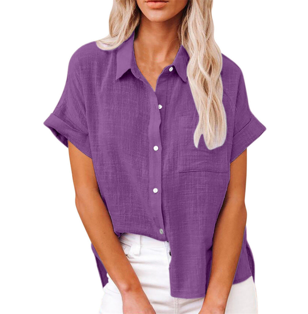 Women's Button Down Shirt Woven Fabric Short Sleeve Collar