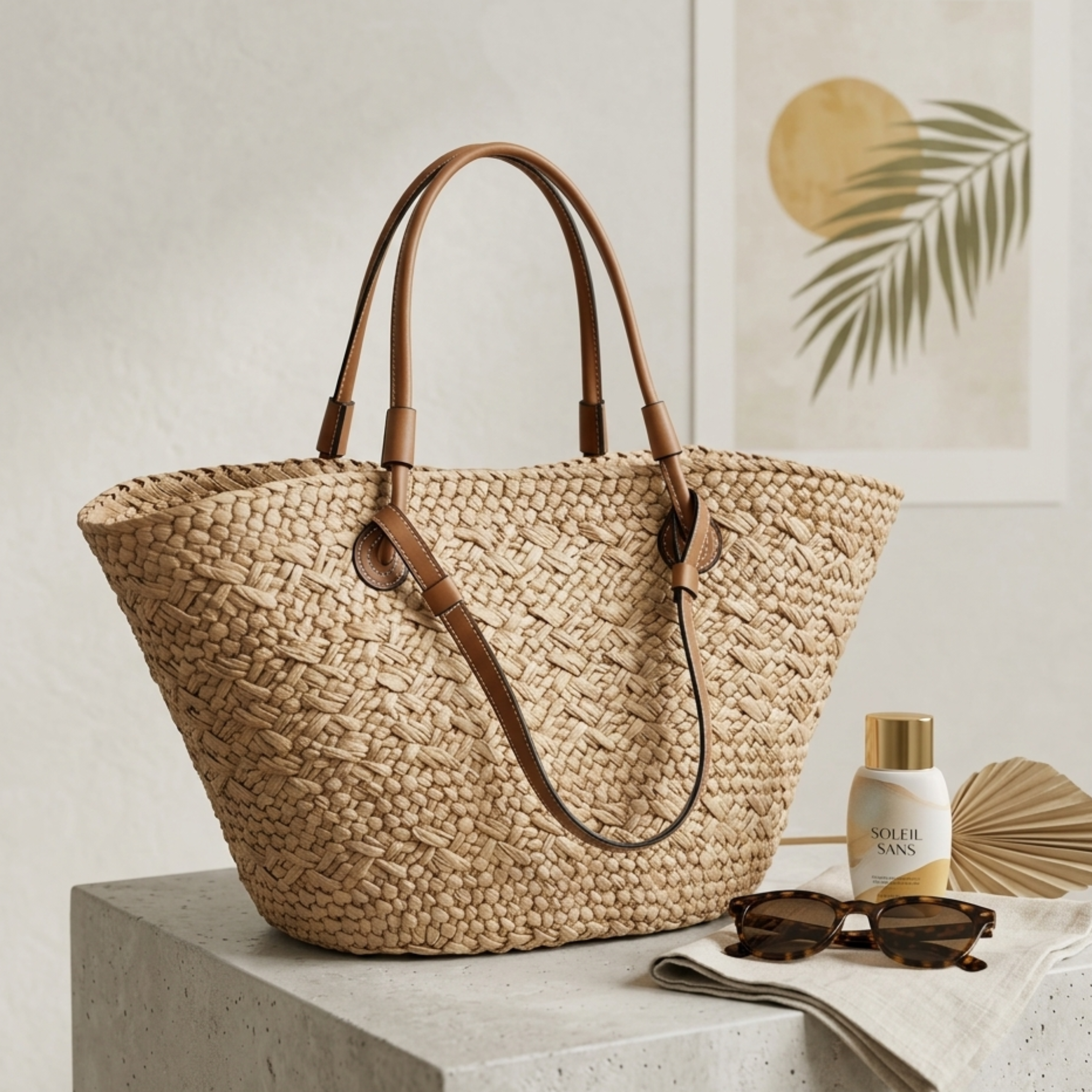 Women’s Rattan Tote Bag with Woven Basket Shape and Dual-Length Handles